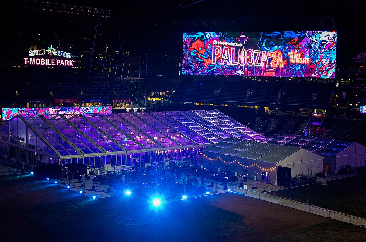 T-Mobile field with neon Palooza signage and large event tent