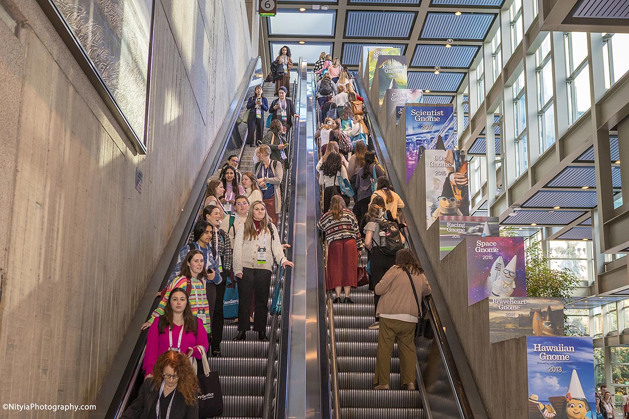 Conference attendees on escalator at Seattle Convention Center